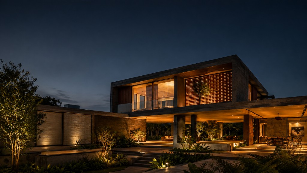 Completed modern residence at dusk, built work from brief to handover